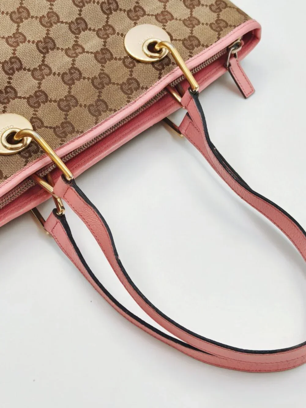 Gucci GG Canvas Pink Leather Tote Bag Gold Hardware Shoulder Bag Made in Italy